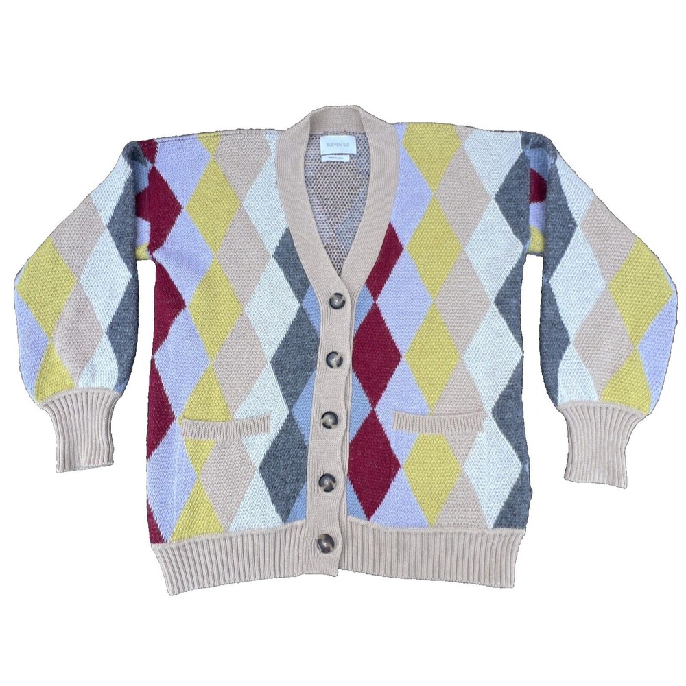 ELEVEN SIX Carla Women's Cardigan Multicolor Diamond Print Alpaca Sweater M/L